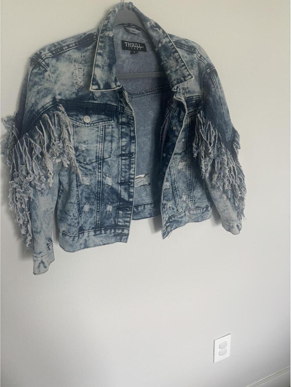 Thrill Acid Wash Denim Jacket with Fringe Sleeves